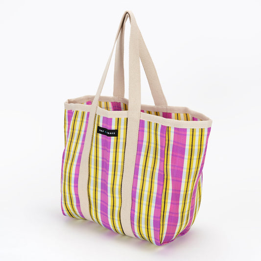 Large Recycled Plastic Yellow and Pink Striped Shopper