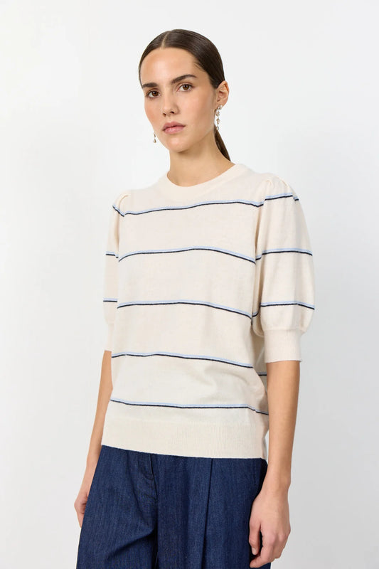 LR-Ismaila 18 Short Sleeved Striped Knitted Blouse Creme