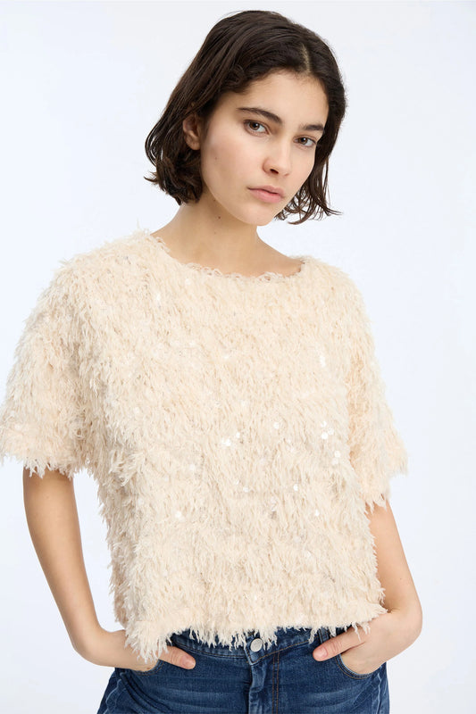 Valence Short Sleeve Sequin Top Creme