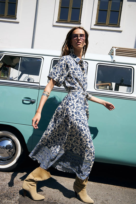 BlakeLL Midi Floral Midi Shirt Dress Blue