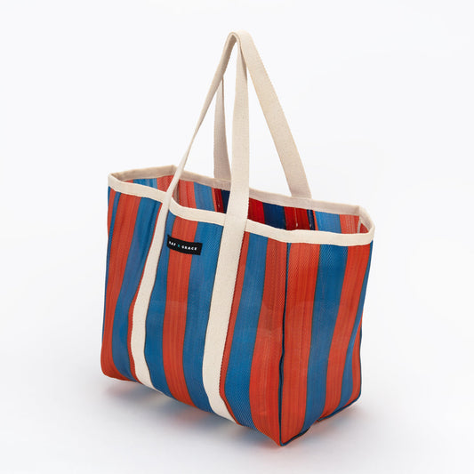 Large Recycled Plastic Block Stripe Blue & Orange Shopper