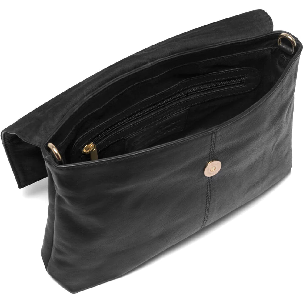 Crossbody Leather Bag Decorated With Metal Loop - Black