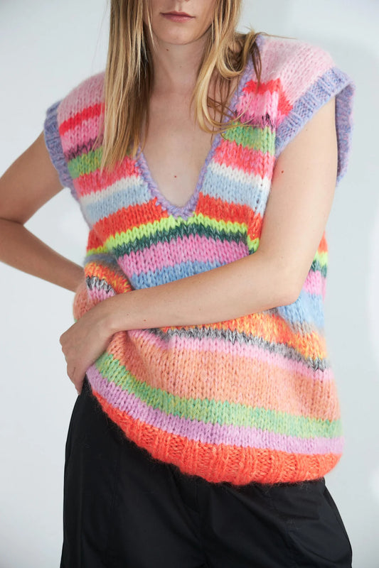 Hortense  V-Neck Hand Knitted Long Vest - 900 Multi