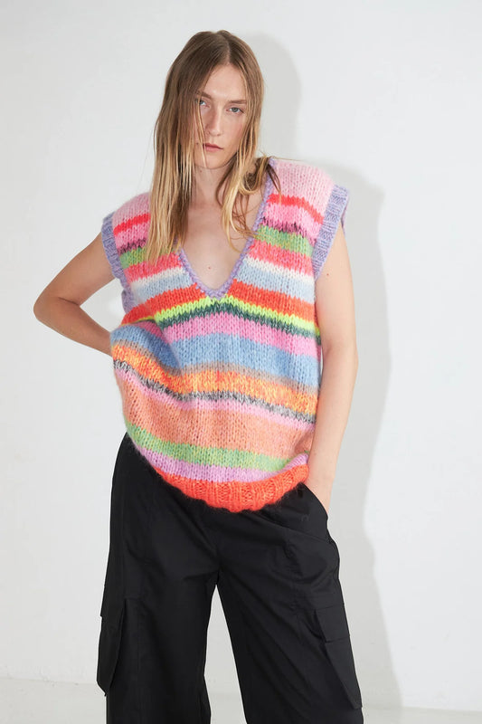 Hortense  V-Neck Hand Knitted Long Vest - 900 Multi