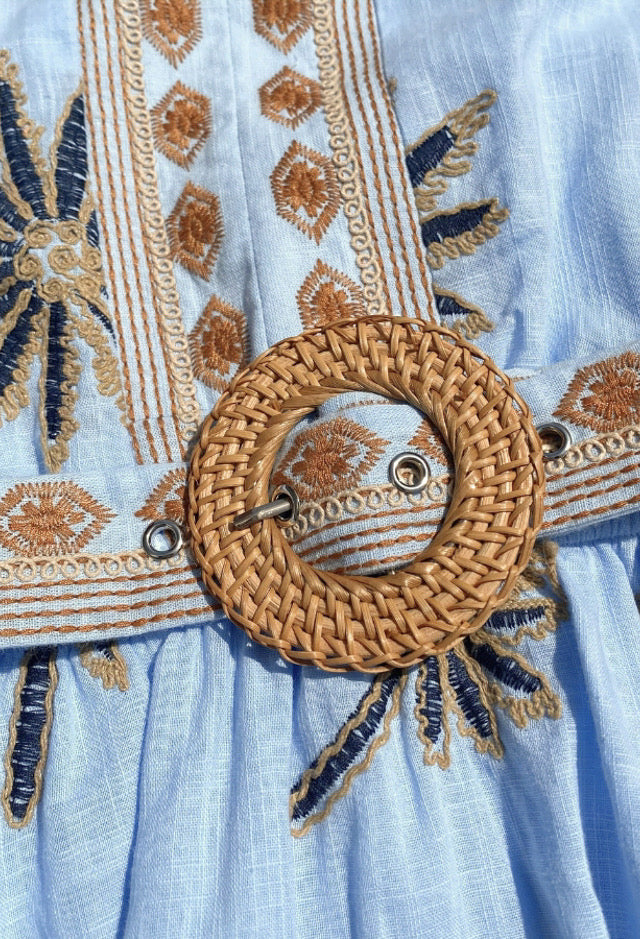 Embroidered Palm Dress with Tassel Trims Light Blue
