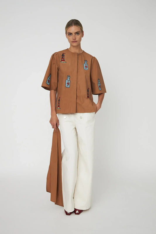 Embroidered Bow Shirt Brown