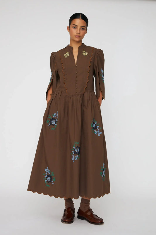 Embroidered Loose Midi Dress Brown