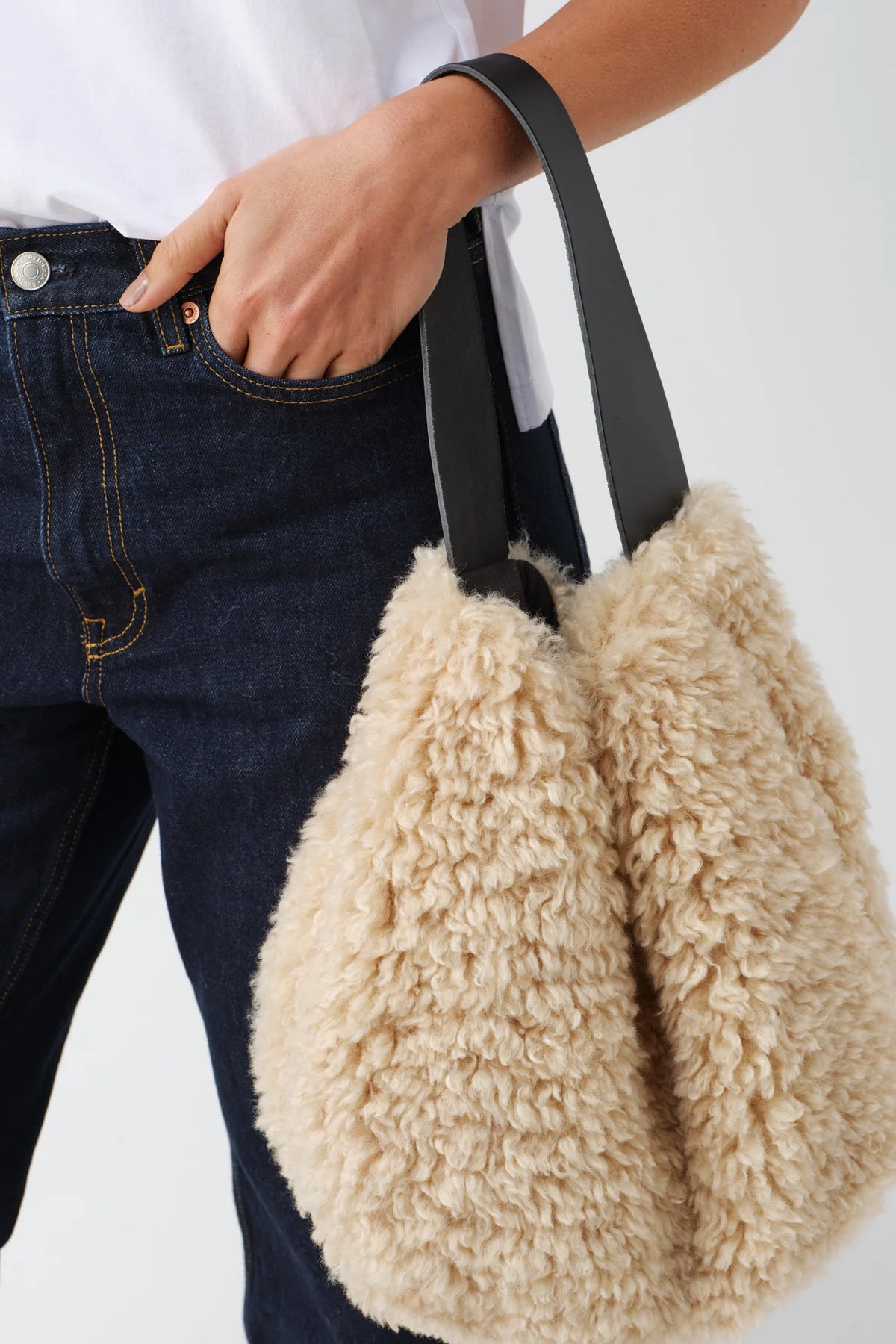 Faux Sheepskin Slouch Bag - Cream/Taupe