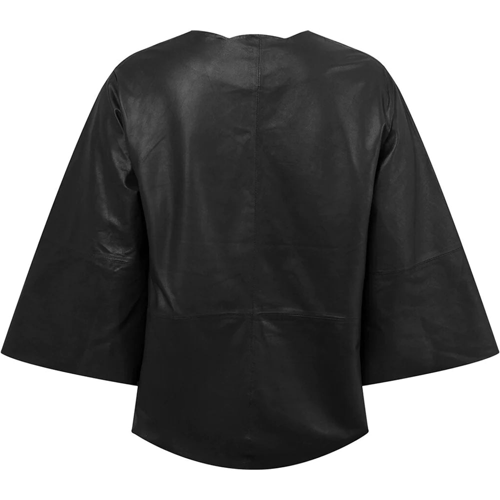 Leather Blouse with Scollop V-Neck Black