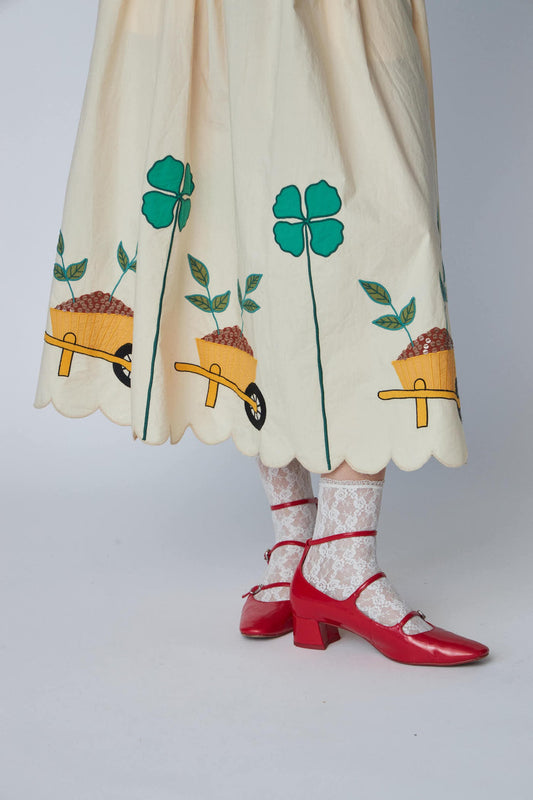 Embroidered Midi Skirt with Scalloped Edge Ivory