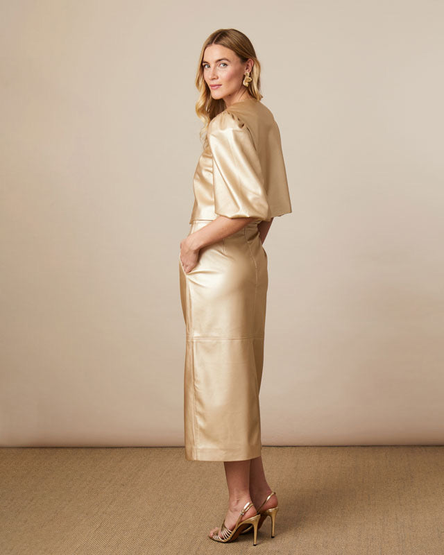 Amanda Faux Leather Pencil Skirt Gold