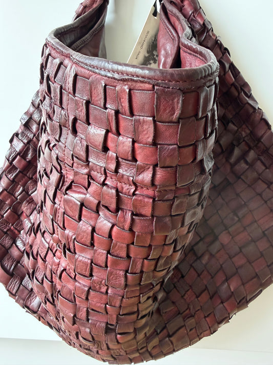 Atena - Italian Leather Woven Shoulder Bag Wine