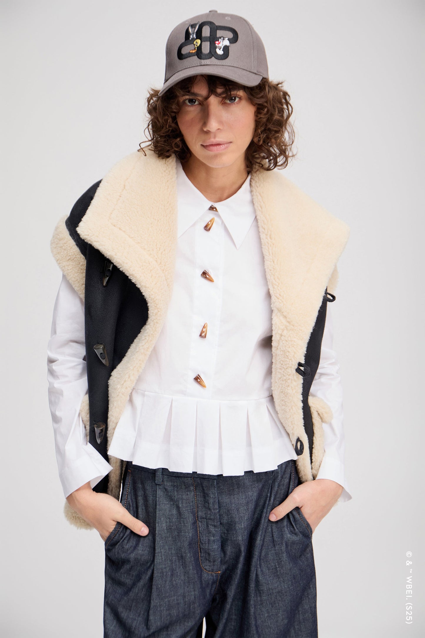 Lustona Peplum Shirt with Horn Buttons White