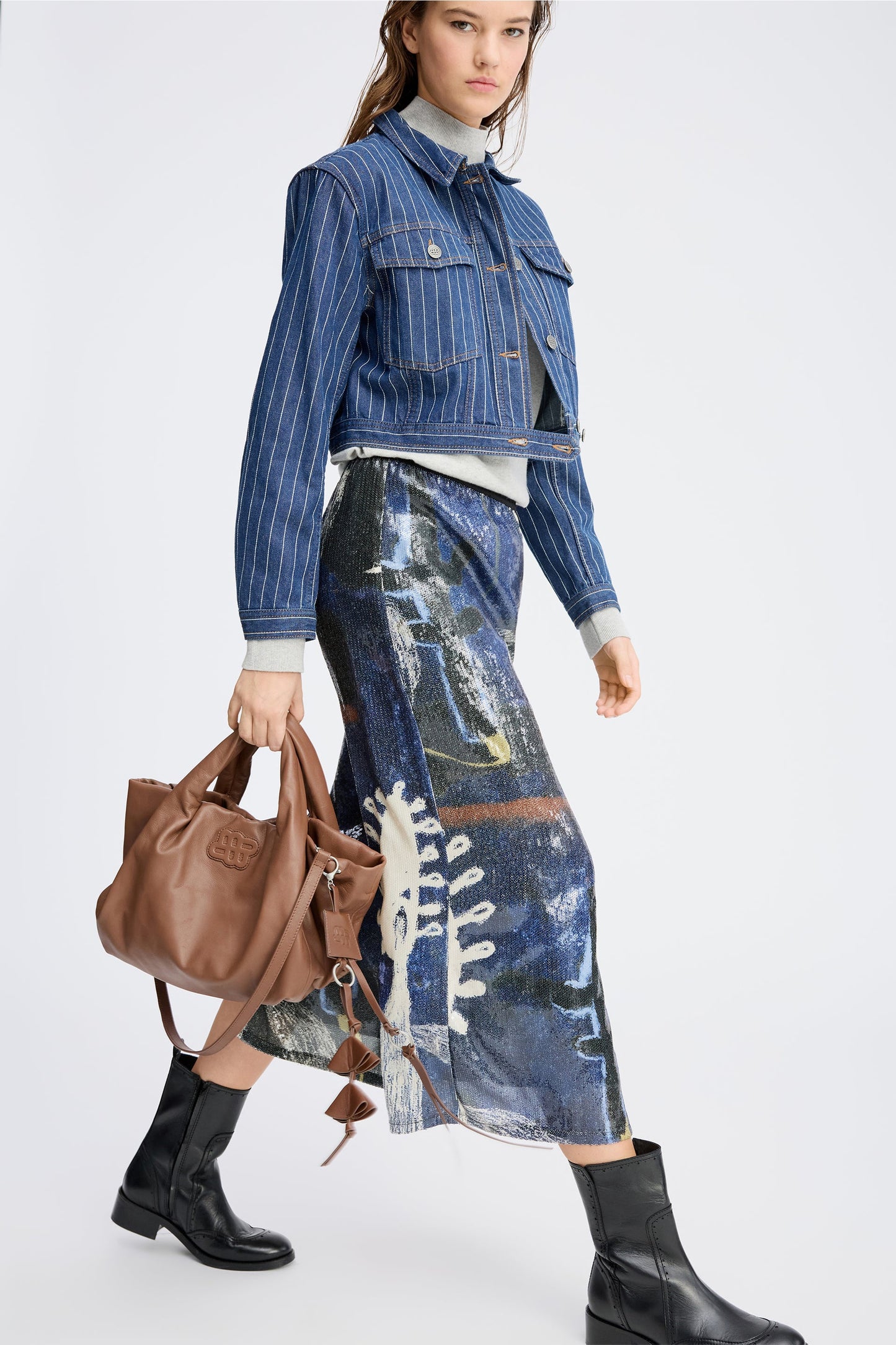 Lebane Sequin Printed Midid Skirt Navy