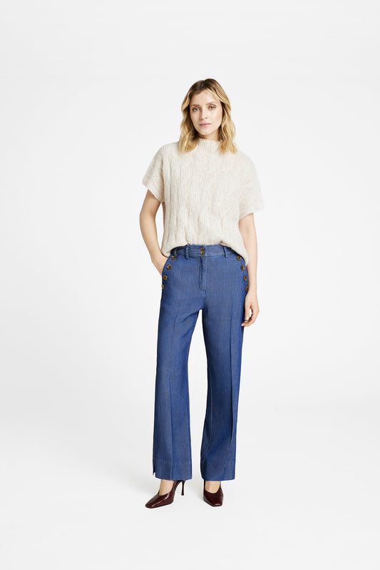 Cali Chambray Trouser with Button Detail Navy