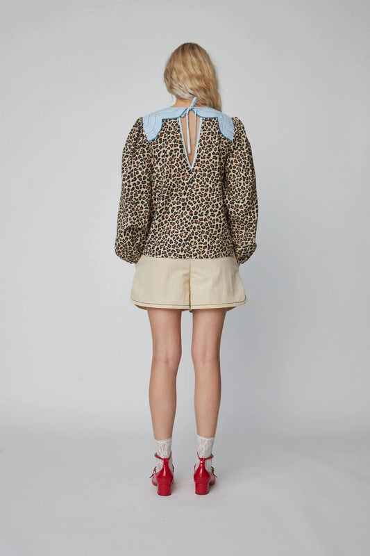 Leopard Blouse with Embroidery Leopard/Light Blue