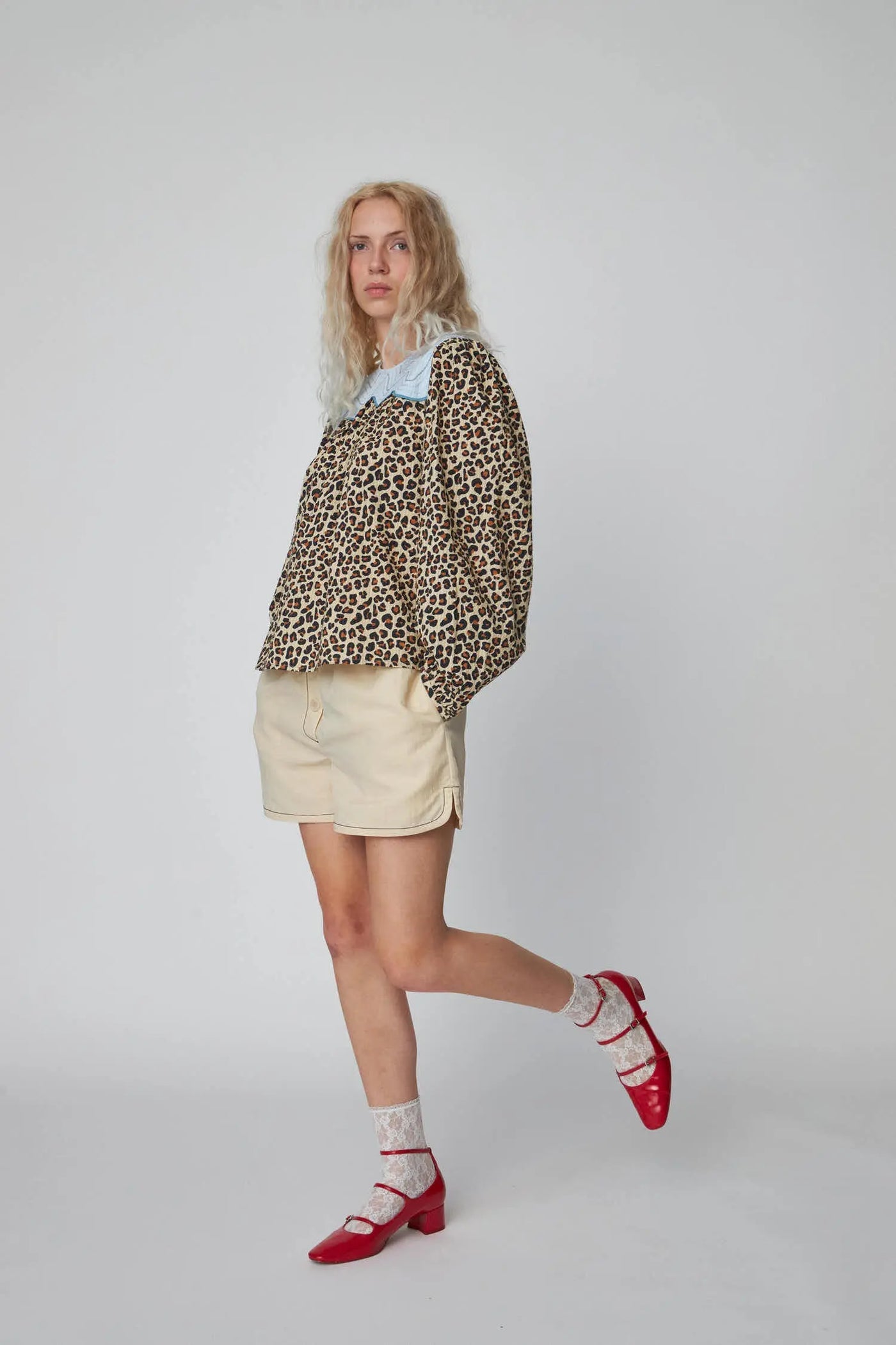 Leopard Blouse with Embroidery Leopard/Light Blue