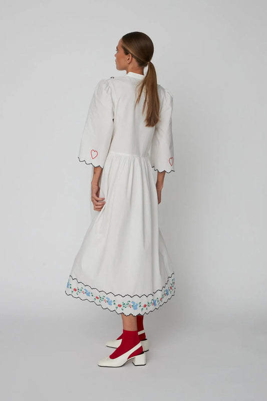 Coloured Embroidered Loose Dress Off White