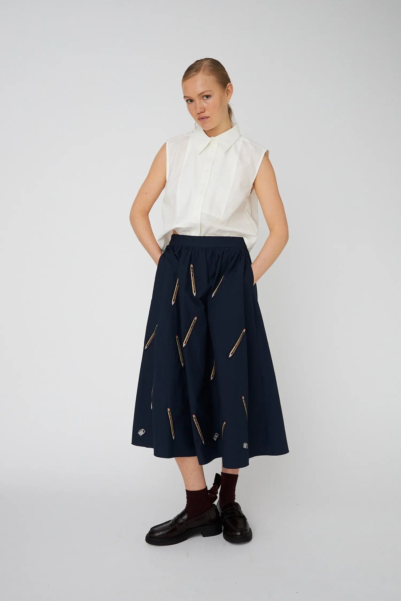 Embroidered Cotton Midi Skirt Navy