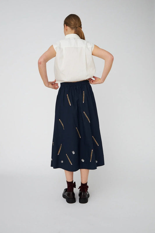 Embroidered Cotton Midi Skirt Navy