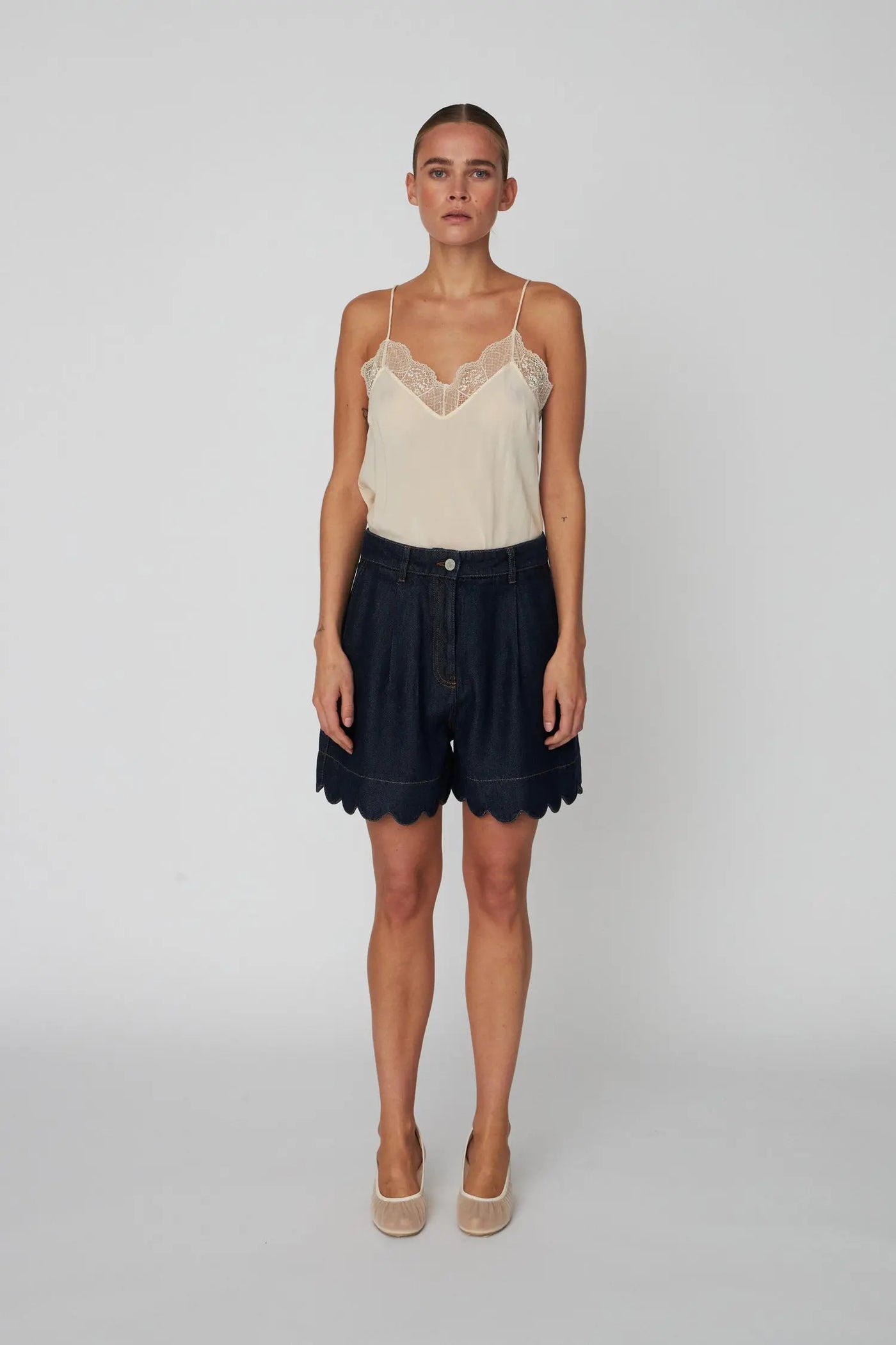 Blue Denim Shorts with Scalloped Edge Blue