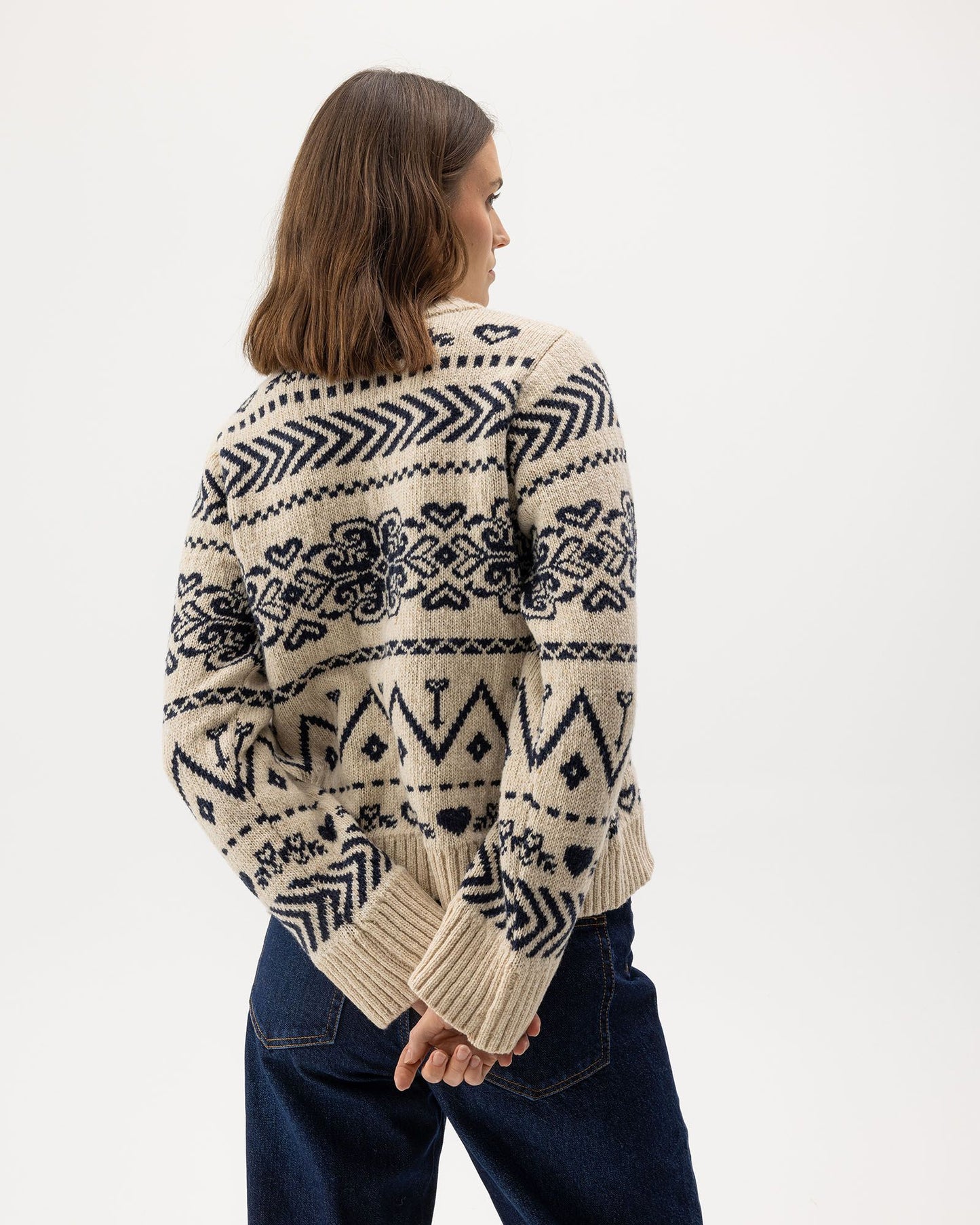 Magda Traditional Pattern Crewneck Jumper Sand/Navy