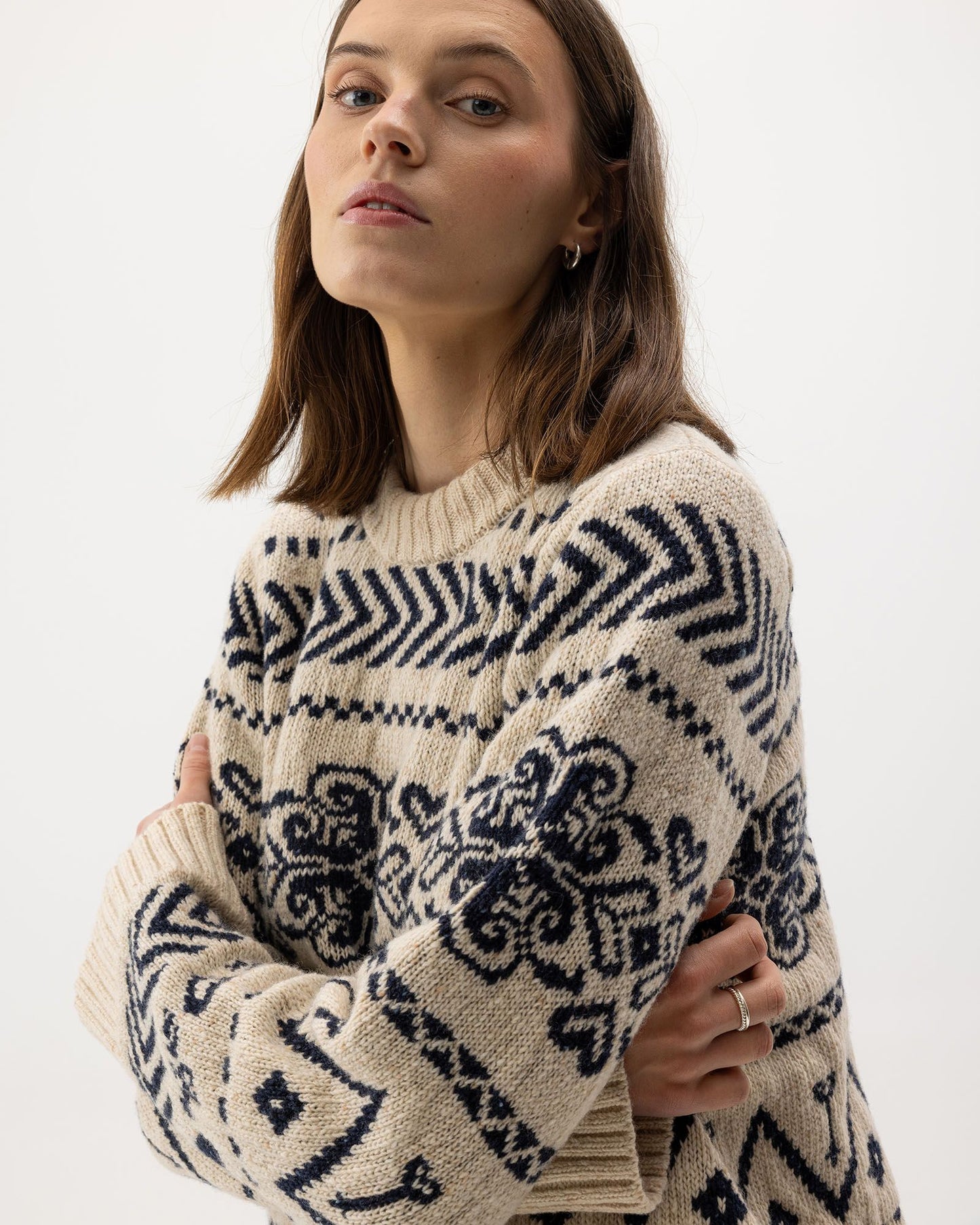Magda Traditional Pattern Crewneck Jumper Sand/Navy