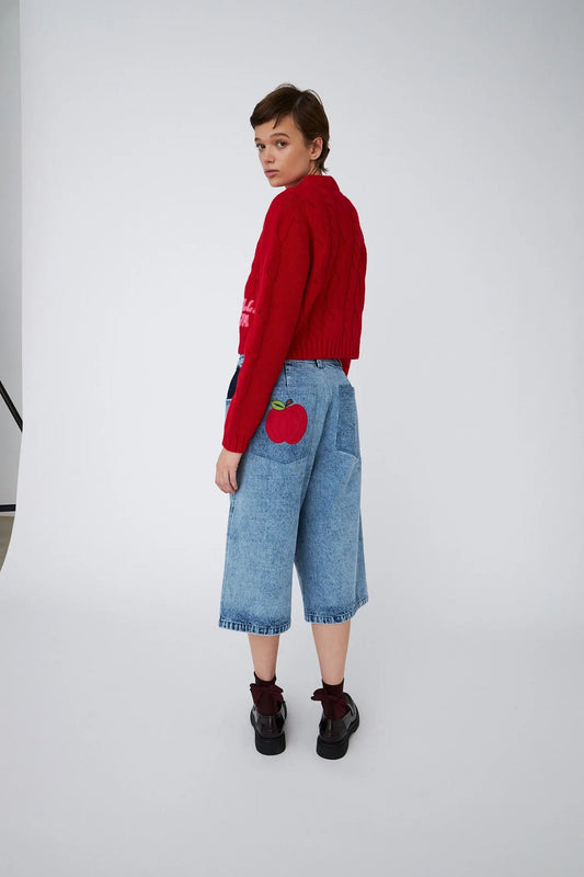 Cropped Cable Knit in Wool Mix Deep Red