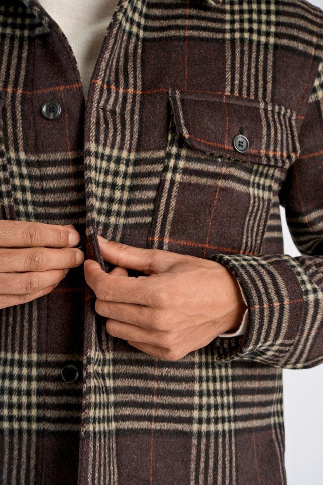 Mens - Wool Blend Checked Overshirt Dark Burgundy