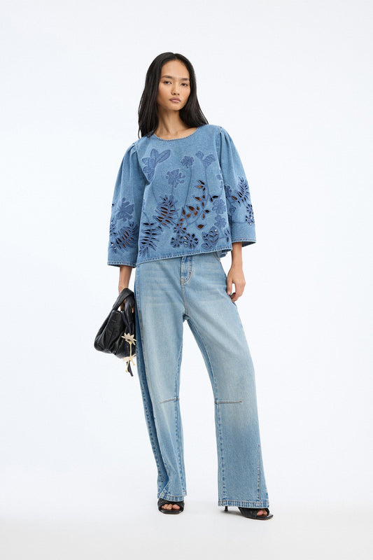 Bramble Broderie Anglaise Denim Blouse Blue