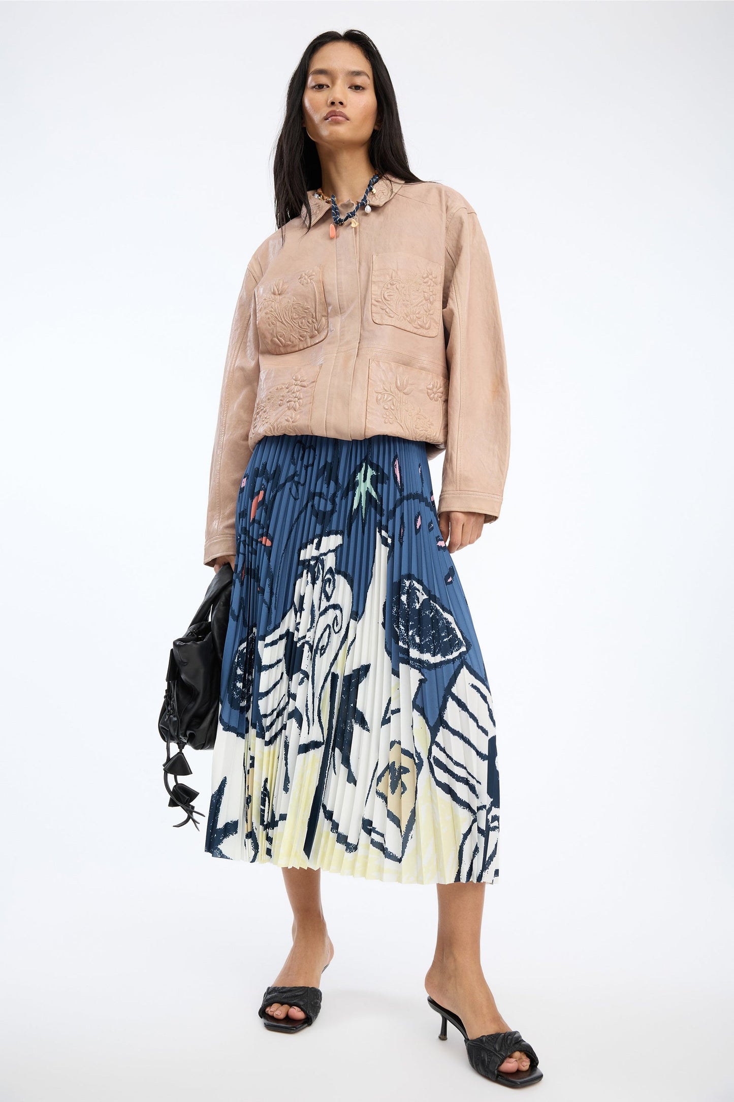Charming Pleated Midi Skirt Printed Blue