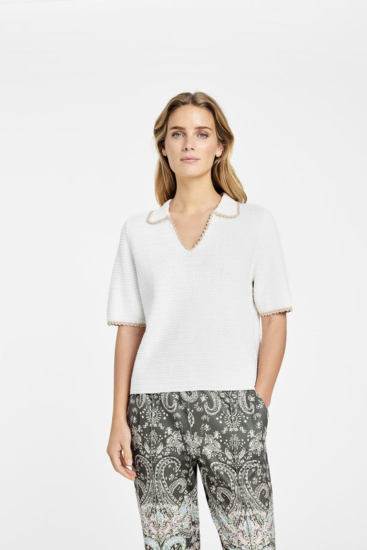 Isobel Knitted Polo Style Blouse White Gold Trim