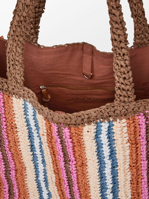 Stripe Straw Tota Bag Mocha Brown
