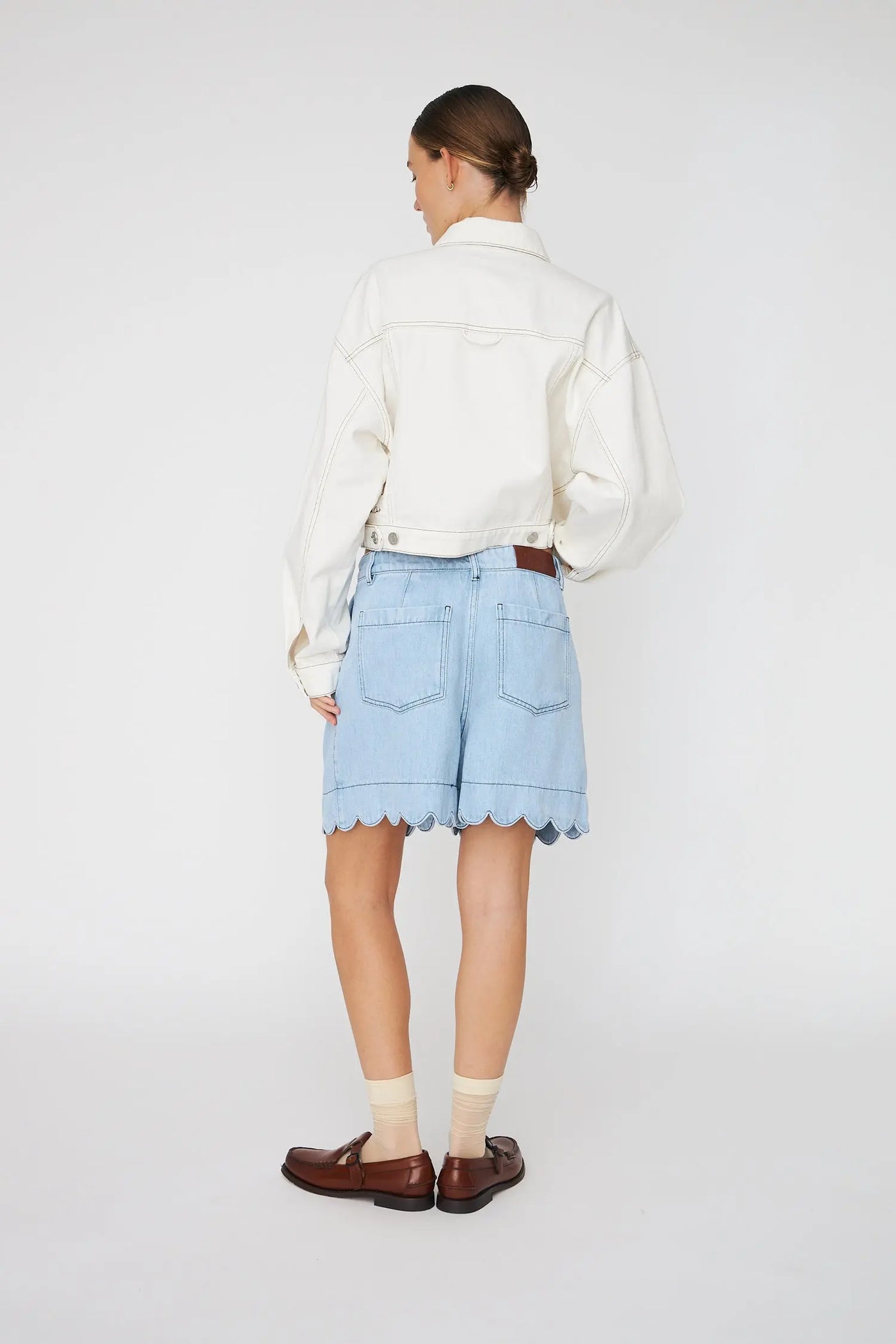 Scalloped Soft Denim Shorts Light Blue