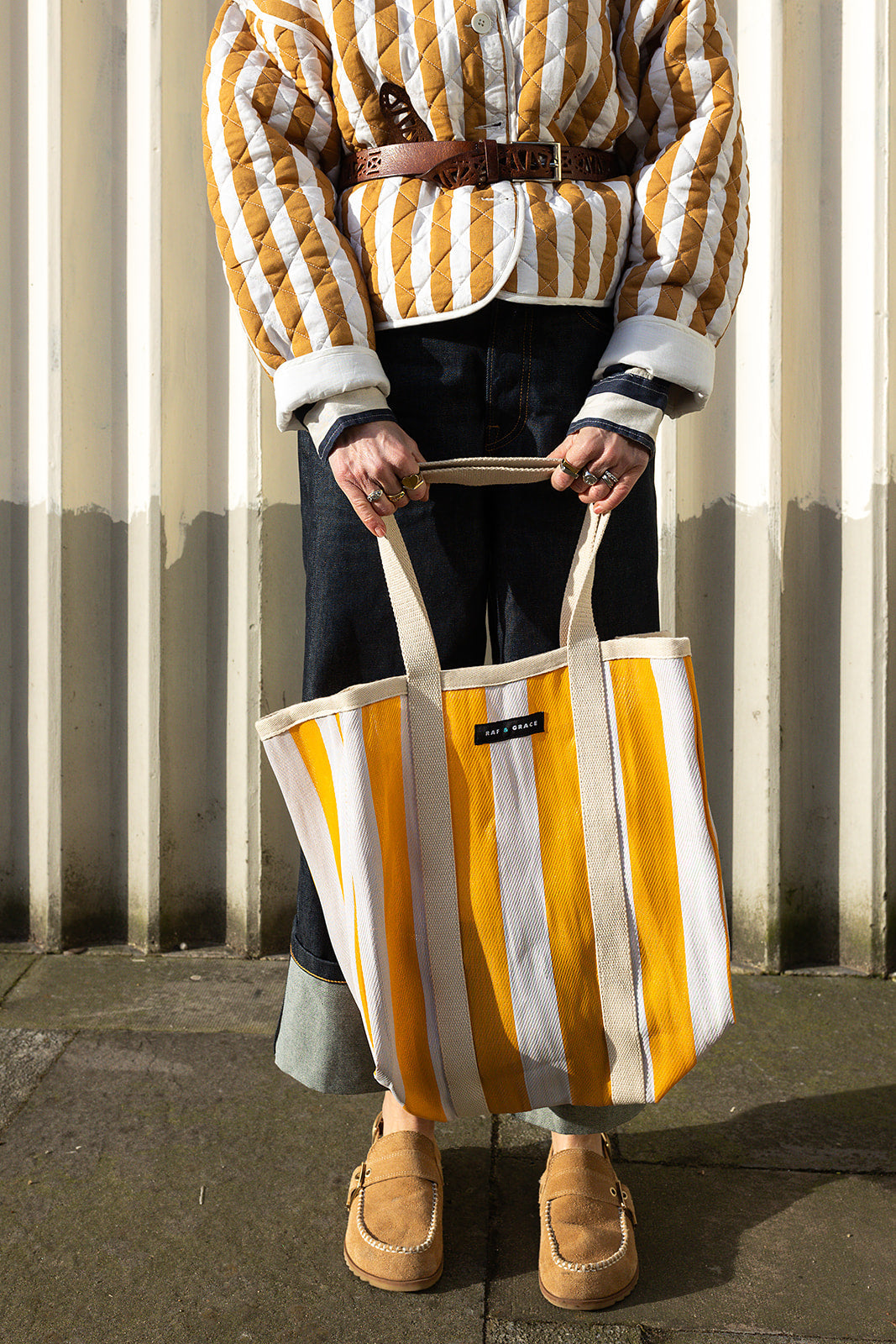 Large Recycled Plastic Sunshine Yellow Block Stripe Shopper