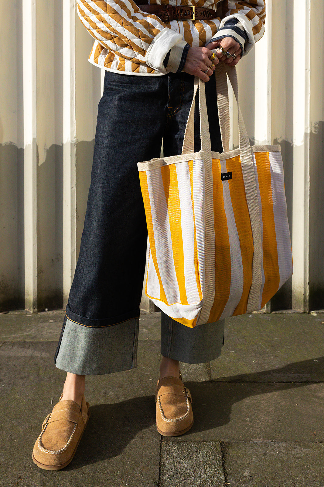 Large Recycled Plastic Sunshine Yellow Block Stripe Shopper