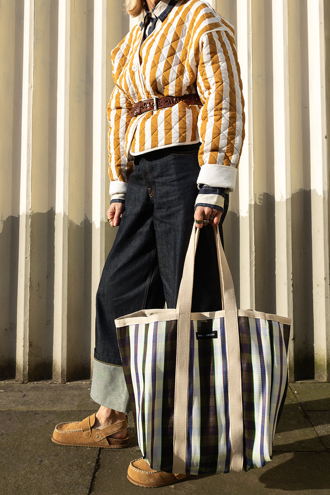 Large Recycled Plastic Black, White and Navy Stripe Shopper
