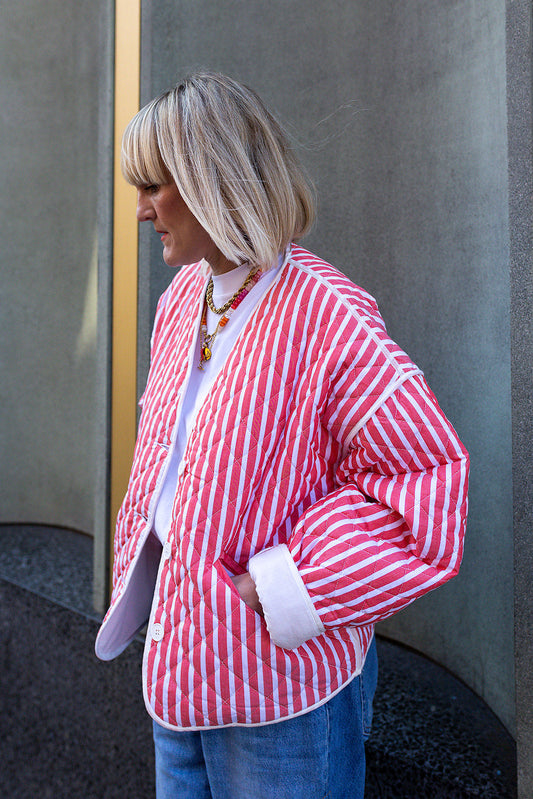 Jasmine Striped Cotton Quilted Jacket Red