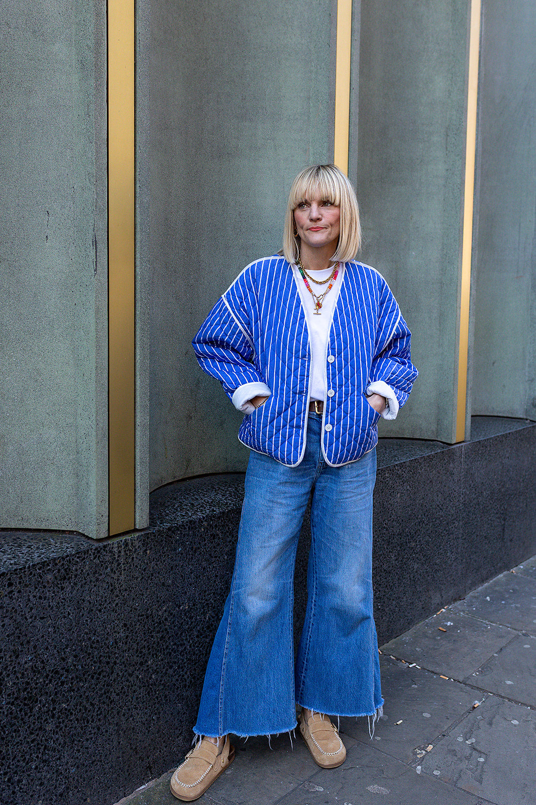 Jasmine Striped Cotton Quilted Jacket Bright Blue