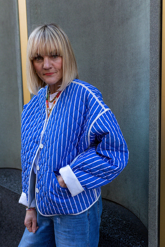 Jasmine Striped Cotton Quilted Jacket Bright Blue