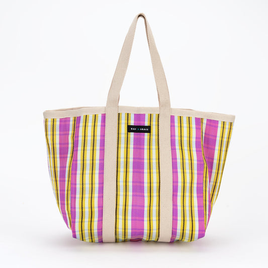 Large Recycled Plastic Yellow and Pink Striped Shopper