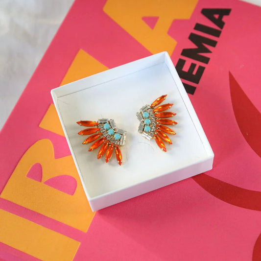 Feather Earring Gold/Tangerine/Turquoise