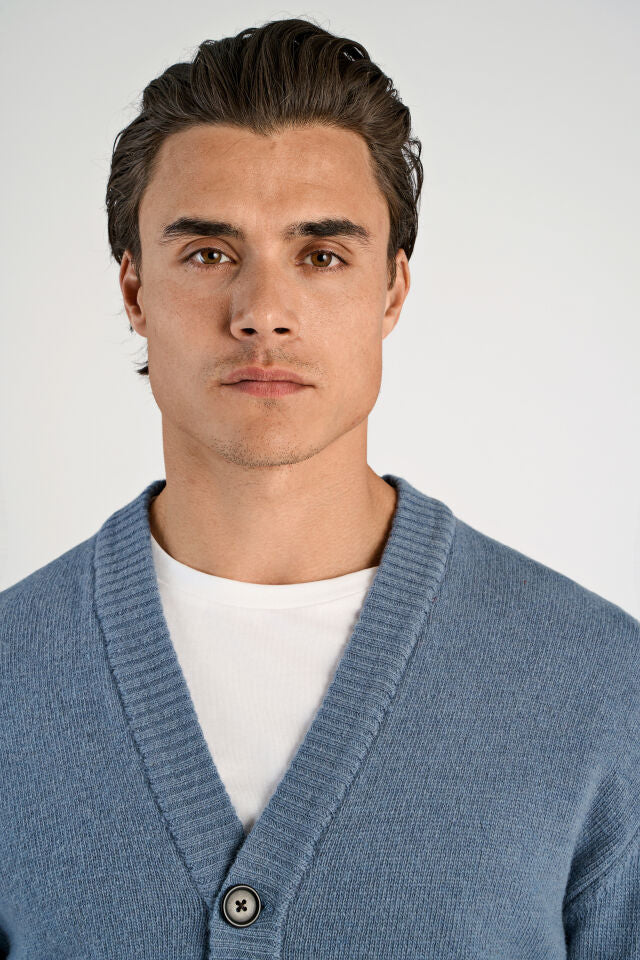 Men’s - 800223 Lambswool V-Neck Cardigan Blue Melange