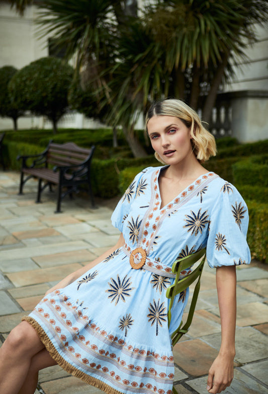 Embroidered Palm Dress with Tassel Trims Light Blue