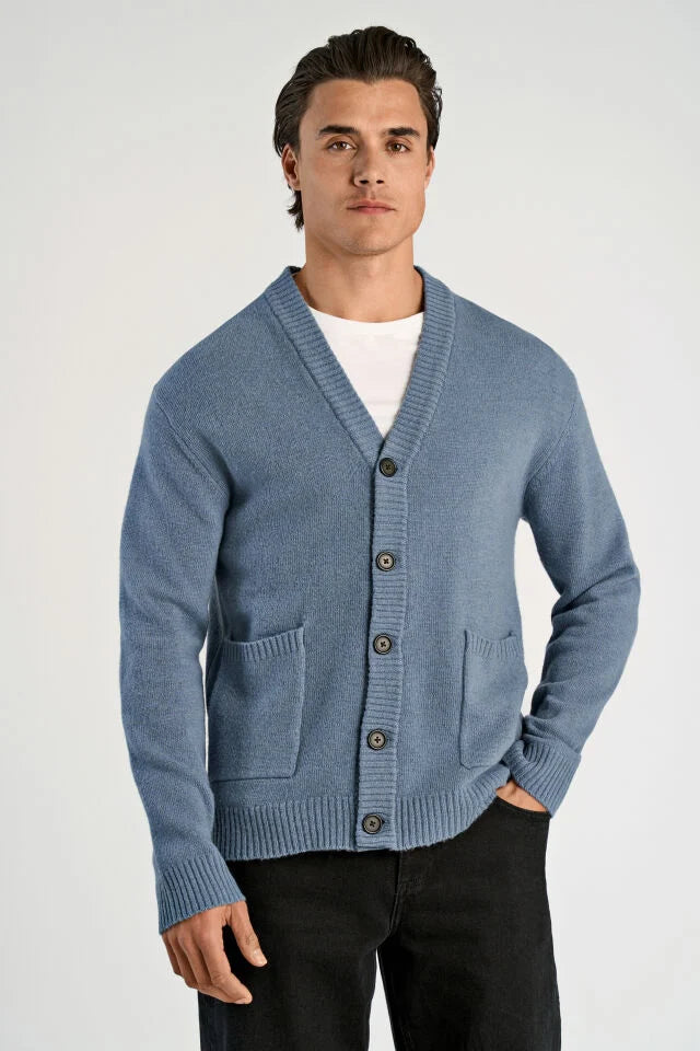 Men’s - 800223 Lambswool V-Neck Cardigan Blue Melange