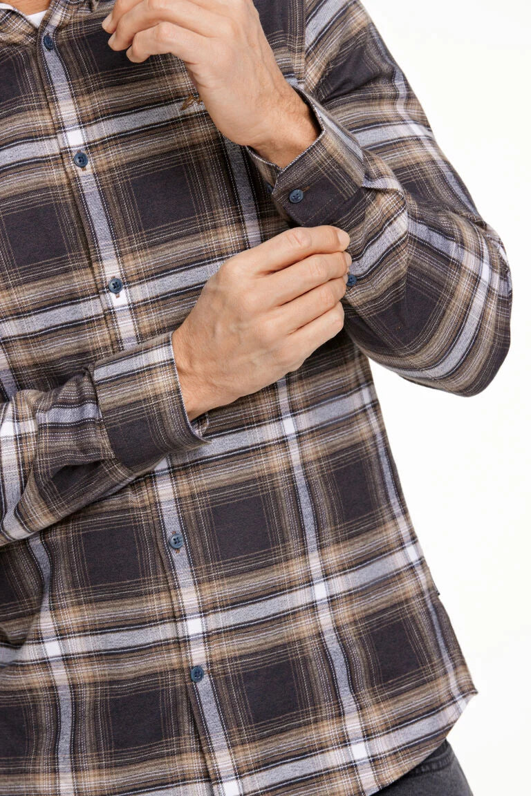 225054 - Mens Brushed Cotton Checked Shirt Brown