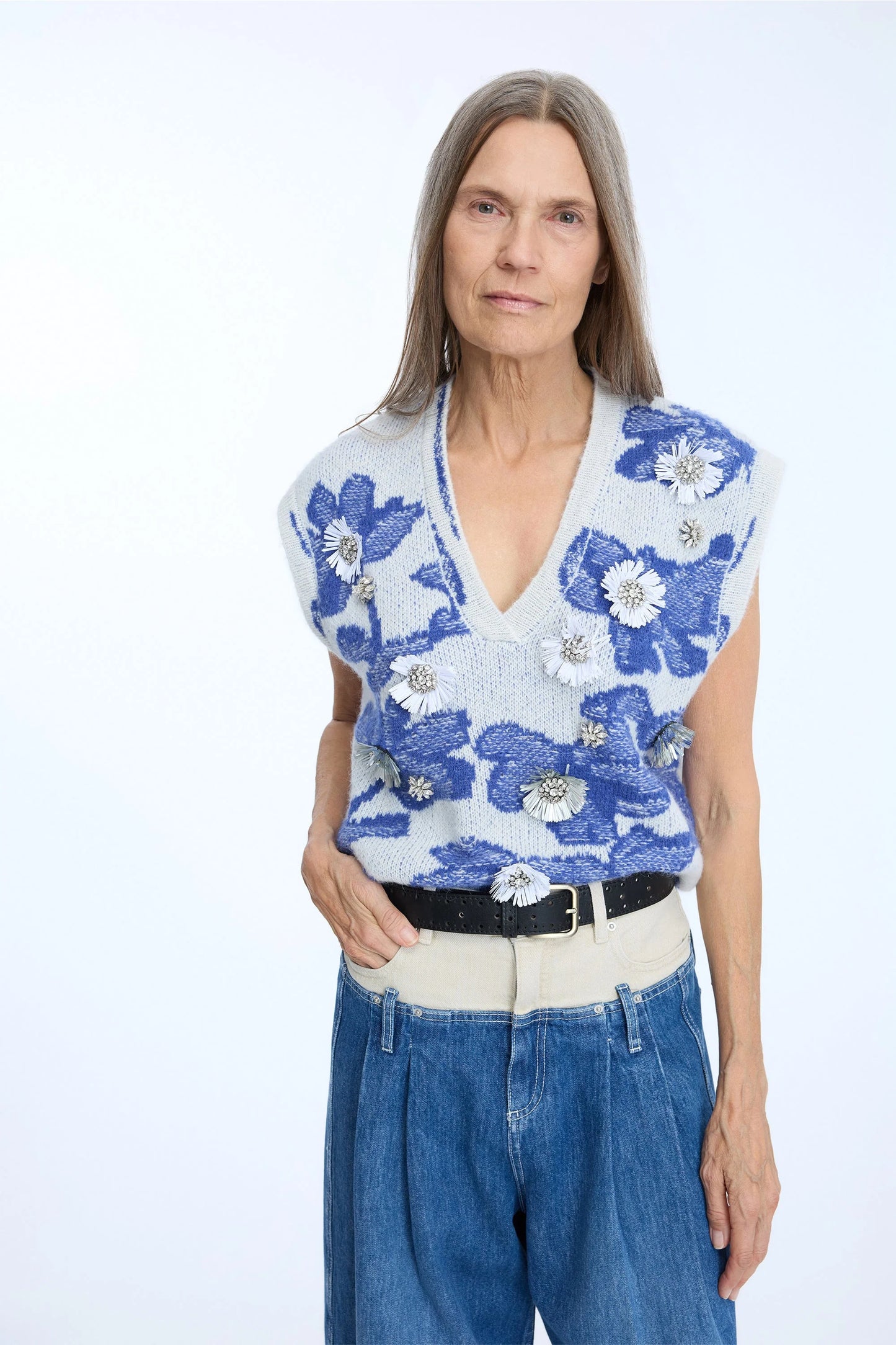 NURULIA Knitted Vest with Embellishments Mix Blue