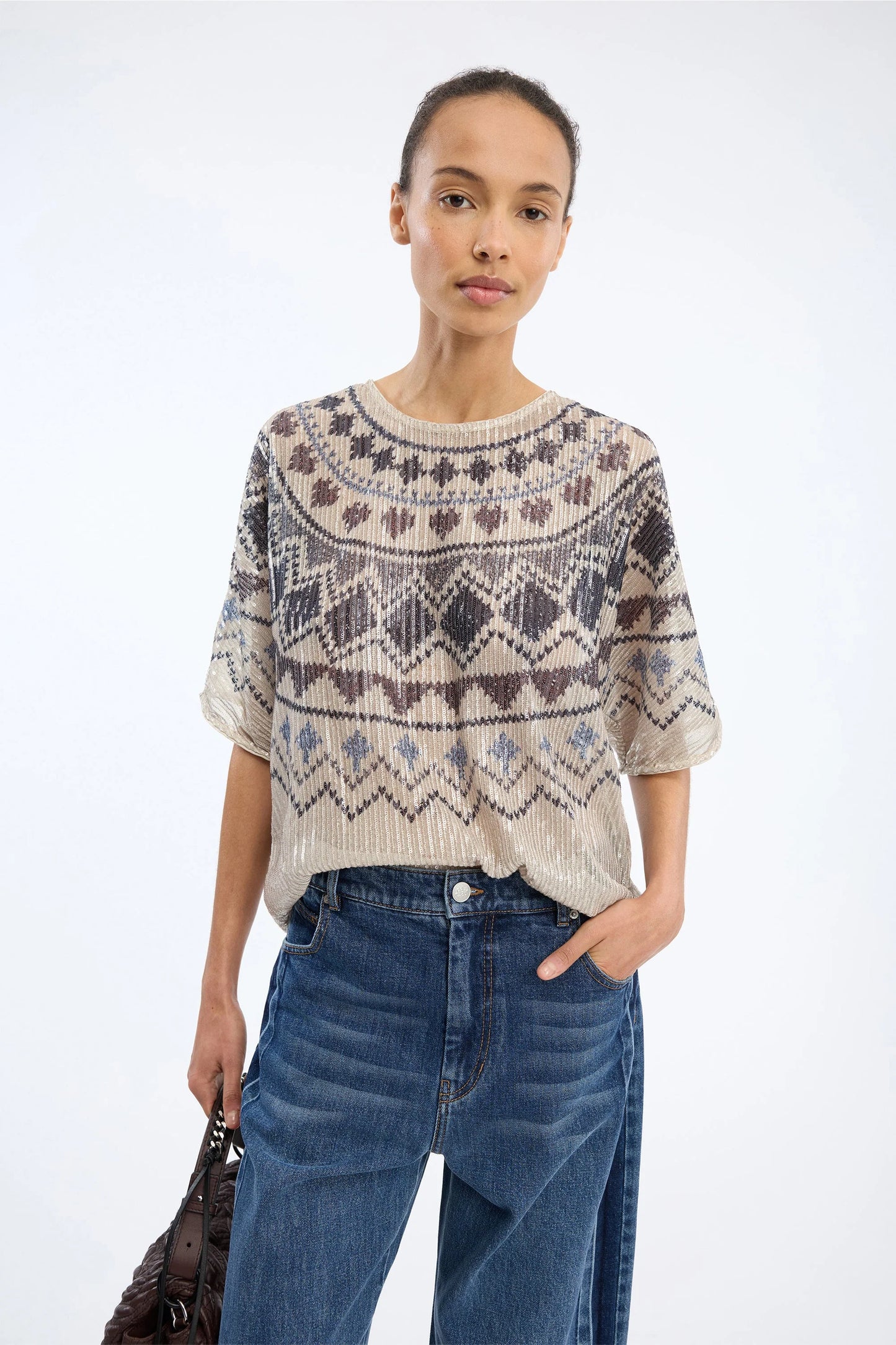 Vunny Loose Fit Sequins Blouse Print Camel