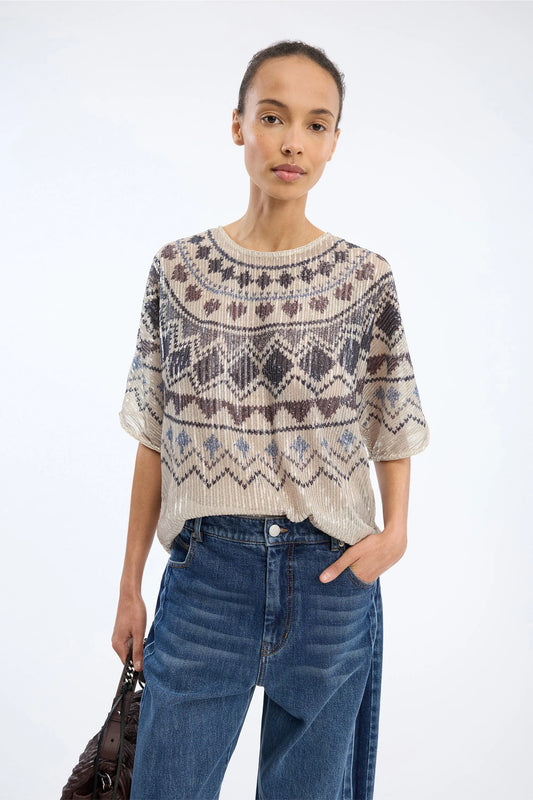 Vunny Loose Fit Sequins Blouse Print Camel