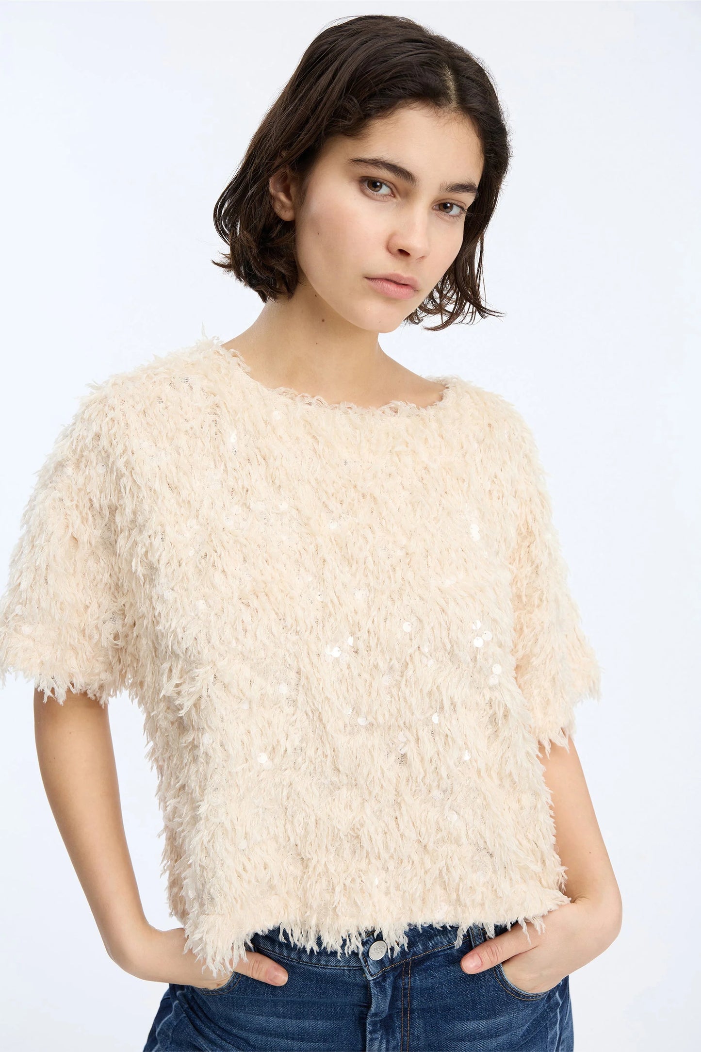 Valence Short Sleeve Sequin Top Creme